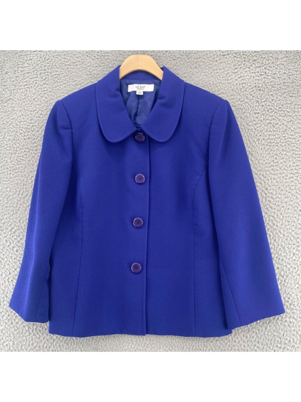 Le Suit Blazer Women 12 Blue Peter Pan Collar Button Up Lined Jacket Long Sleeve